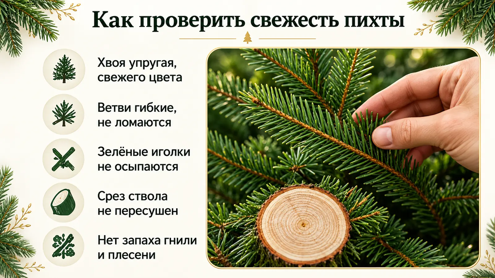 Проверка свежести пихты по хвое, ветвям, стволу и срезу