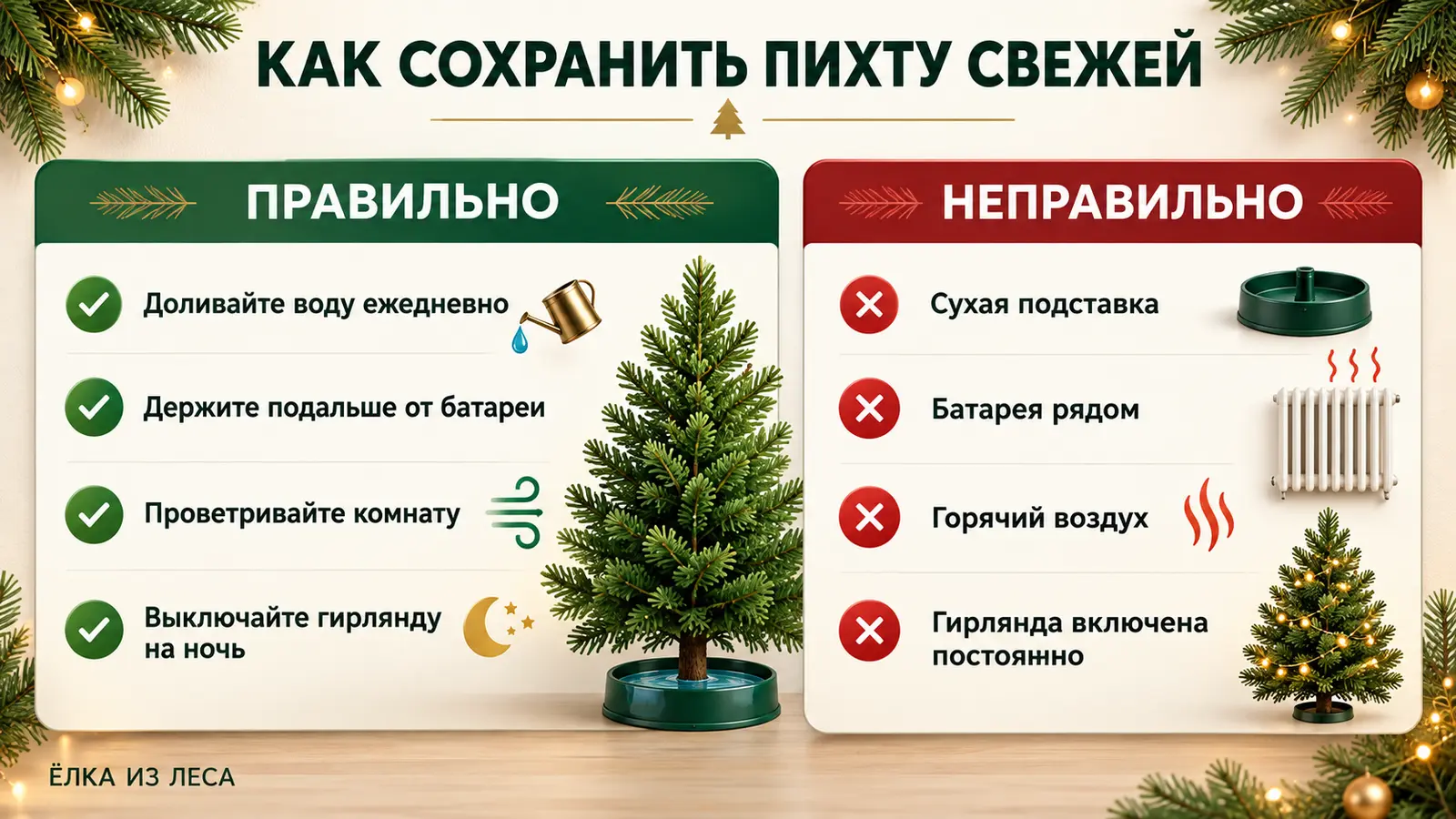 Уход за пихтой в подставке с водой вдали от батареи