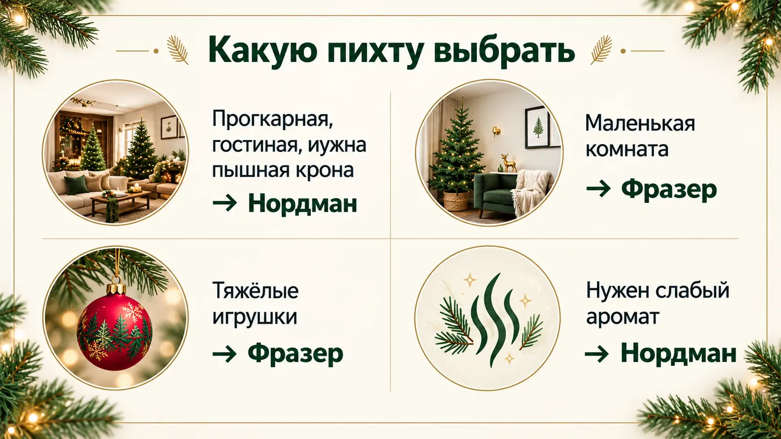 Схема выбора пихты Нордмана или Фразера для комнаты и декора