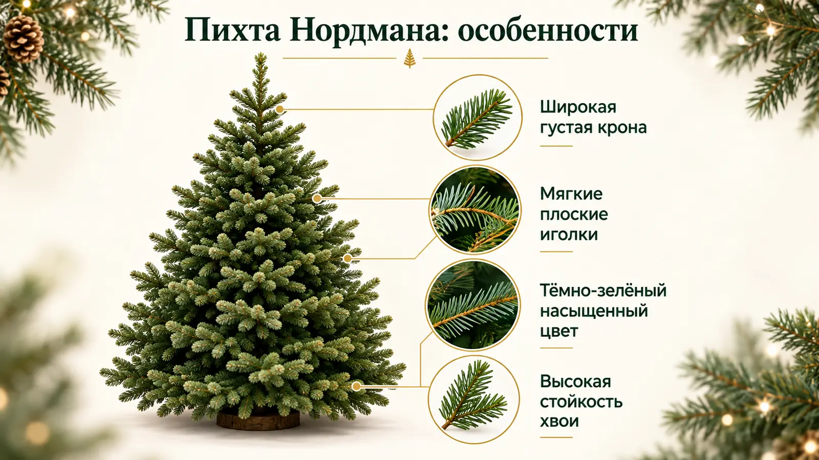 Крупный план свежей пихты Нордмана с мягкой густой хвоей