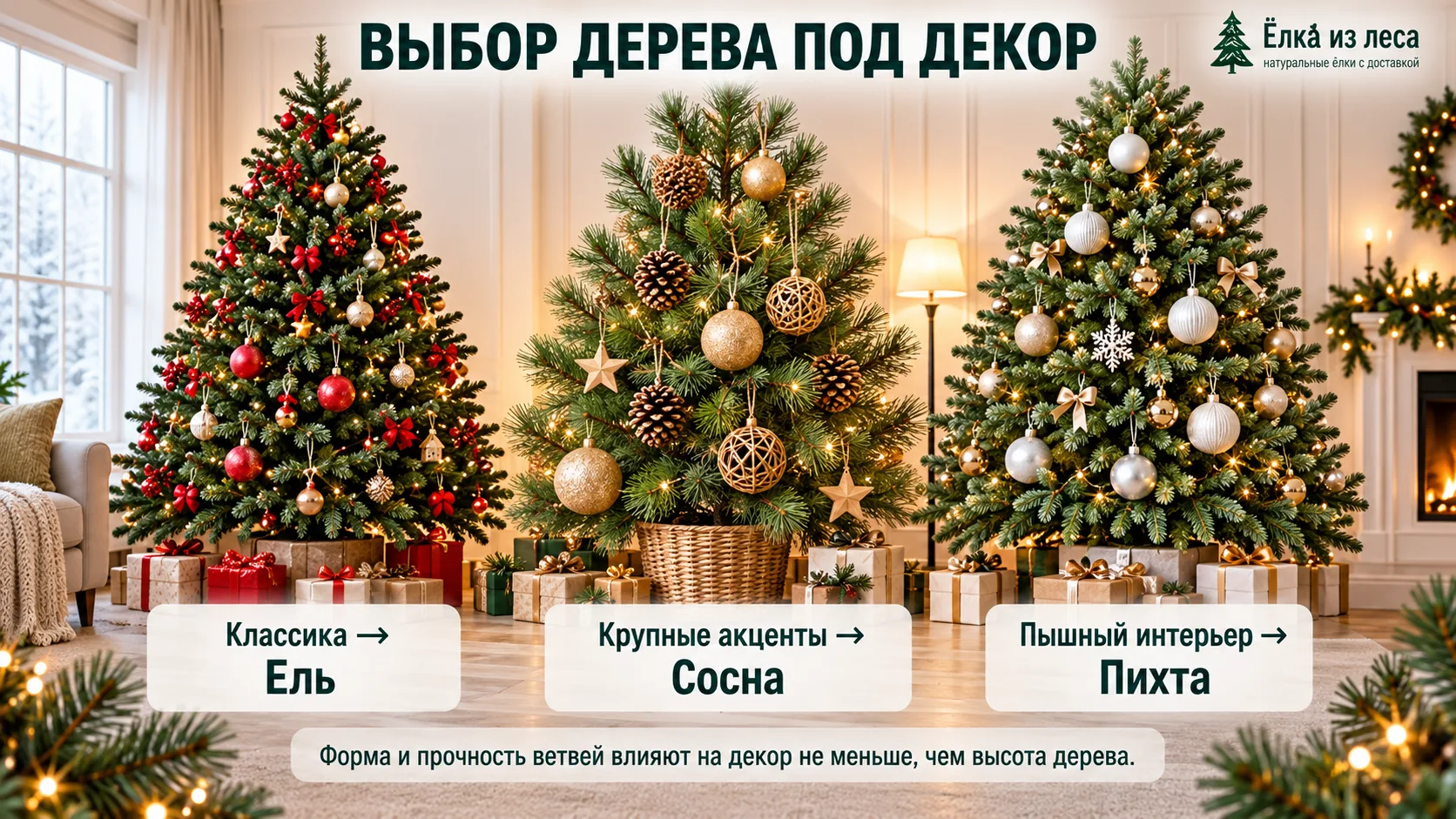 Какую живую ёлку выбрать под игрушки, гирлянды и новогодний декор