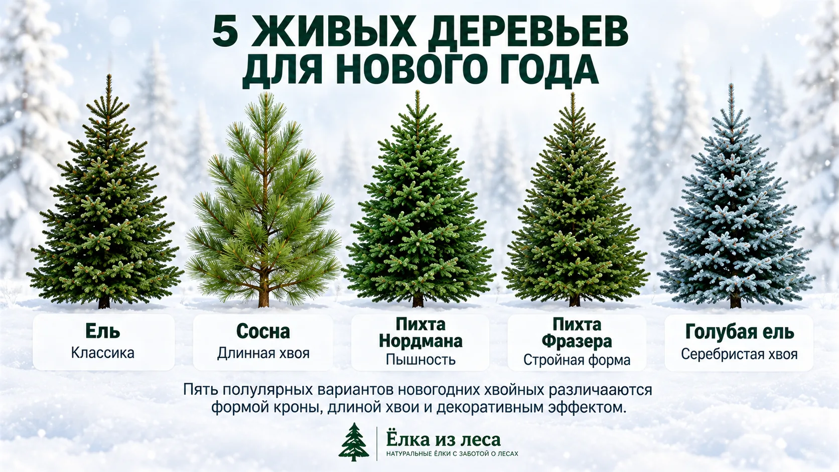 Виды живых новогодних ёлок: ель, сосна, пихта Нордмана, Фразера и голубая ель